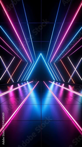 Abstract geometric tunnel with glowing neon lights, creating a futuristic, vibrant, and reflective perspective.