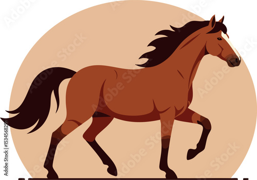 Brown horse running with beige circle background natural animal vector illustration 
