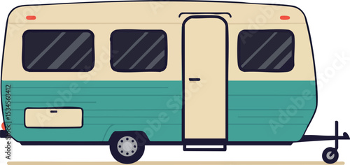Retro style caravan trailer with teal and beige colors in side view vector illustration 