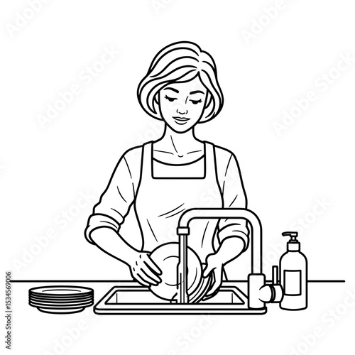 Woman washing dishes at the sink with a focused expression