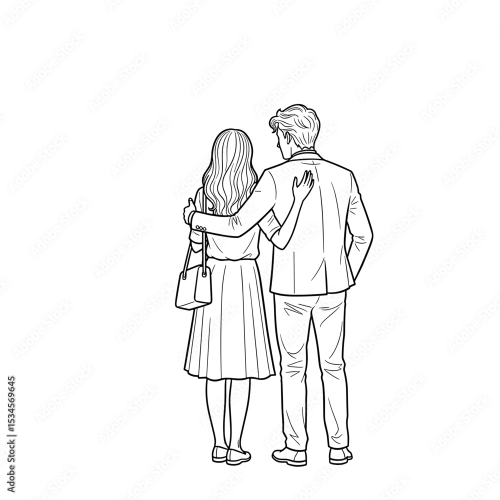 Fototapeta premium Couple standing together, embracing each other from behind with a loving posture