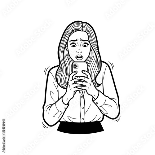 Young woman staring at her smartphone with a shocked expression