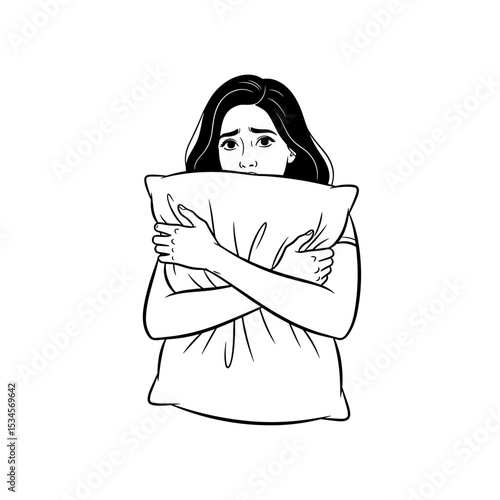 Young woman hugging a pillow tightly with a worried expression
