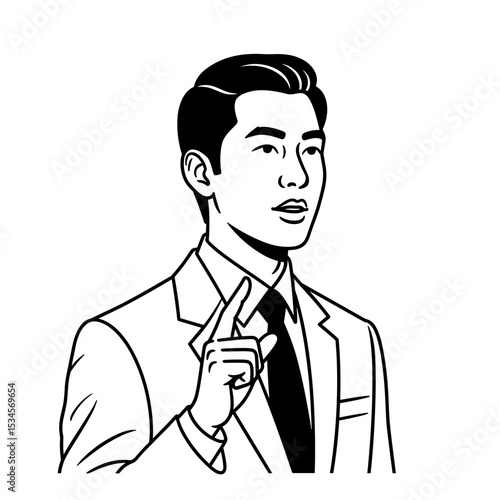 Asian man in a suit gesturing with a finger raised, emphasizing a point
