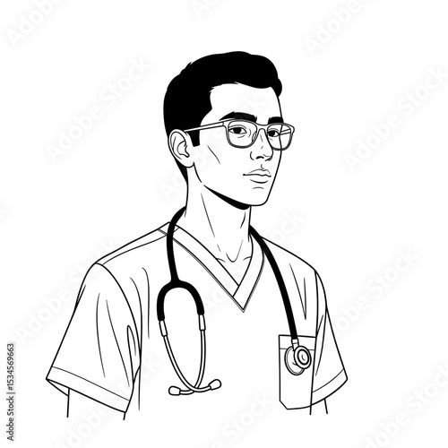 Young adult male healthcare professional wearing scrubs and glasses with a stethoscope