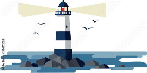 Lighthouse standing on rocky shore with ocean waves and flying birds vector illustration 