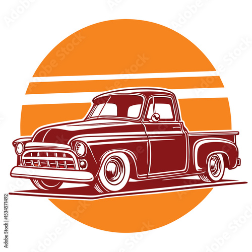 Classic red vintage pickup truck cruises against a vibrant, retro orange sun backdrop