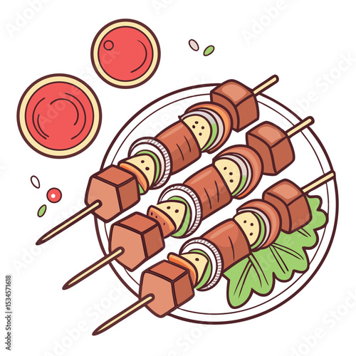 Meat skewers are arranged nicely on a plate, complete with dipping sauces and lettuce