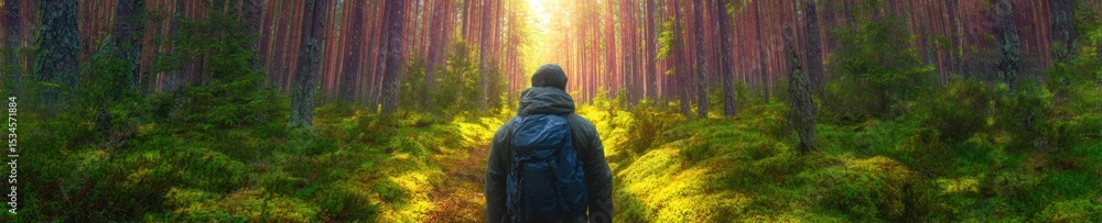 Lone backpacker walking through sunlit forest in ultra realistic detail Lone backpacker walking through sunlit forest in ultra realistic detail