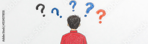 Illustration of a person facing question marks, representing confusion, inquiry, and problem-solving. Uncertainty in decision-making and seeking clarity.