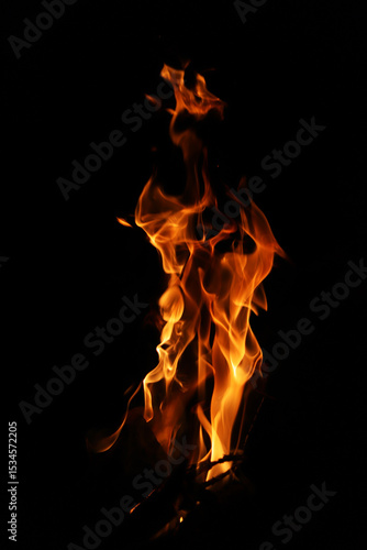Close-up Shot of a Bonfire Flame in the Dark – Captivating Fire Texture and Burning Wood with Intense Heat, Perfect for Background