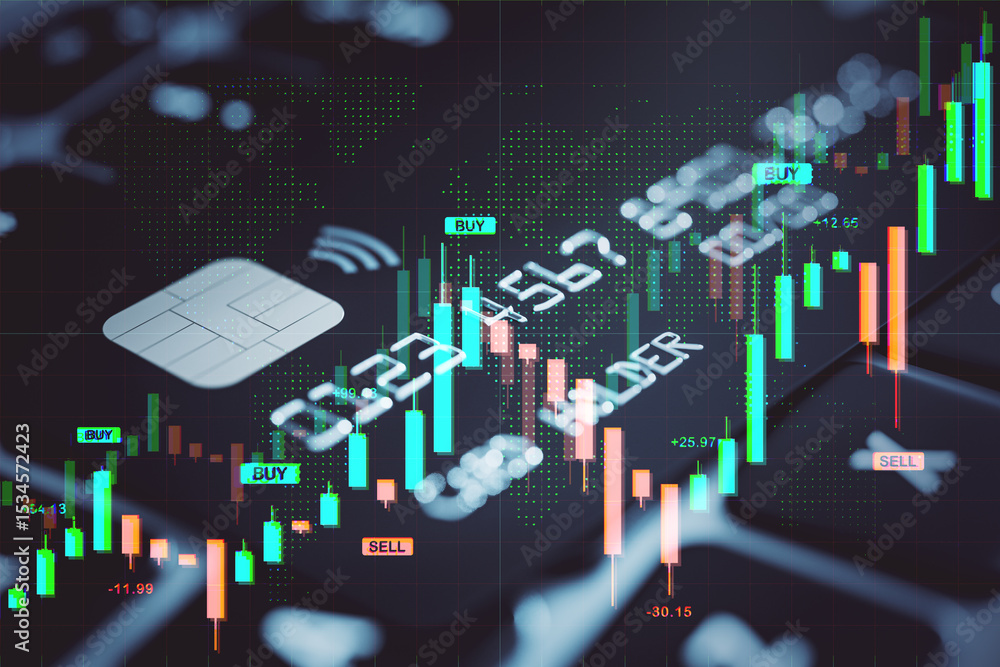 Naklejka premium Digital financial chart overlay with glowing candlestick bars and credit card chip on dark blurred background, symbolizing fintech and trading data..