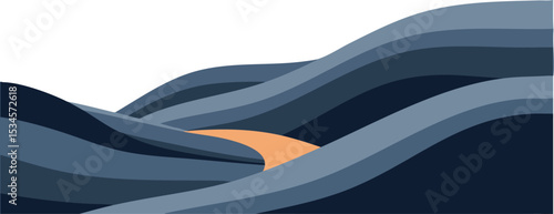 Abstract blue wavy landscape illustration with smooth curves and orange path vector design 