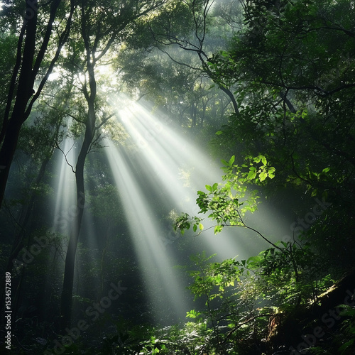sunbeams streaming through lush green forest canopy