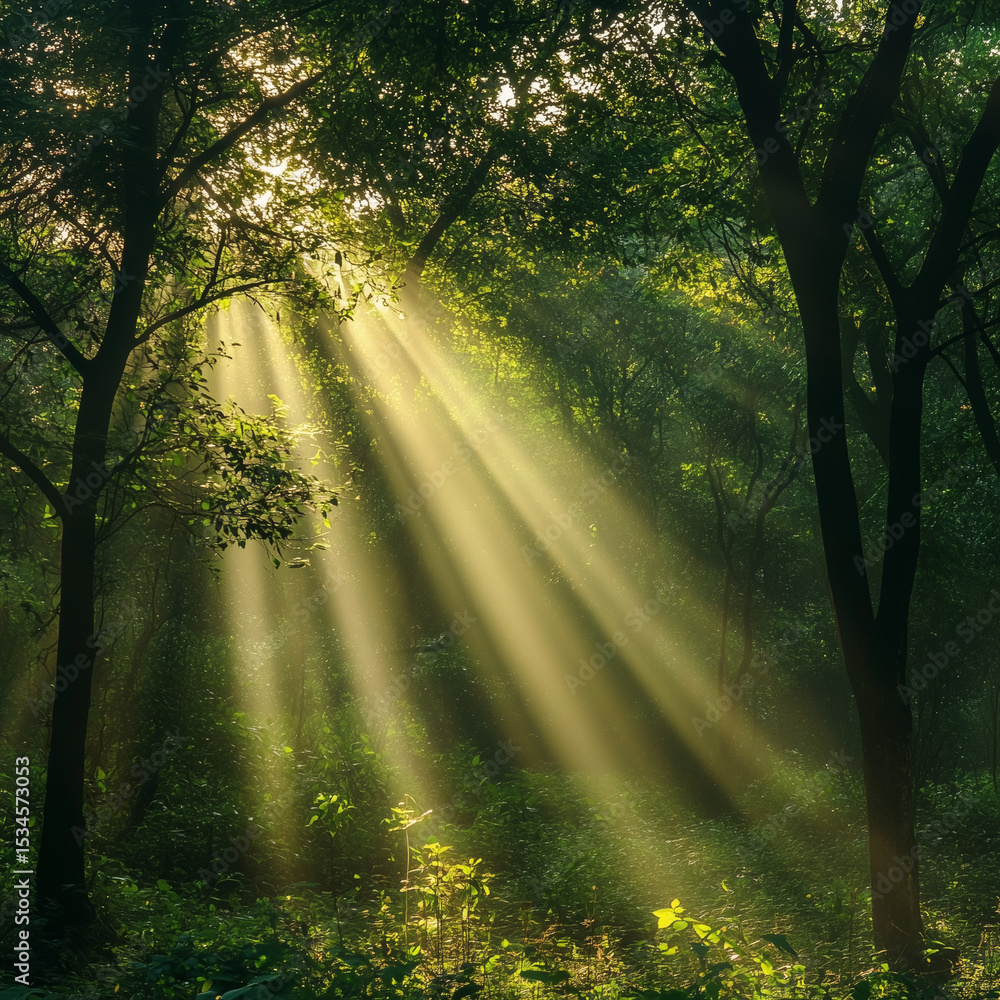 Obraz premium sunbeams streaming through lush green forest canopy