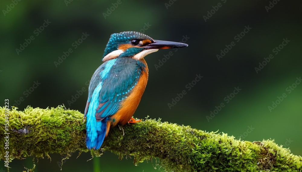 Fototapeta premium vibrant kingfisher perched on mossy branch
