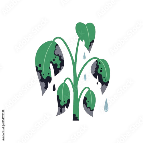 Wilted plant with dry, drooping leaves and water drops.