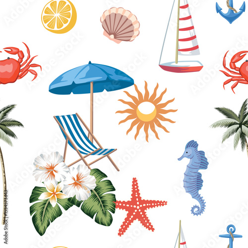 Sailboat, palm, sea horse, starfish, anchor, crab, shell, lemon fruit, hibiscus flower, leaf, chaise lounge, umbrella, sun seamless pattern.Summer resort print.