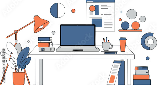 Modern home office workspace with laptop, desk lamp, books, and stationery vector illustration 