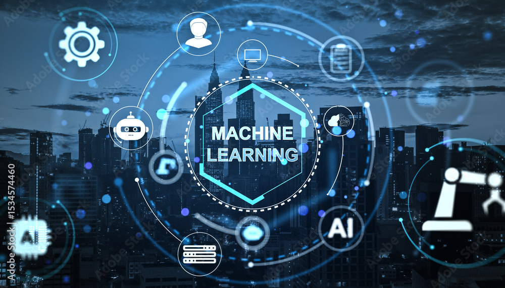 Machine learning technology interface with AI icons and city skyline in futuristic digital overlay style at night background concept. Machine learning technology interface with AI icons and city skyline in futuristic digital overlay style at night background concept.