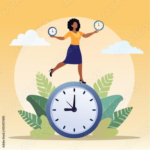 Productive woman, multitasking or time management professional, productivity or entrepreneurship, work efficiency or organize schedule, productive businessman woman balance on clock managing task
