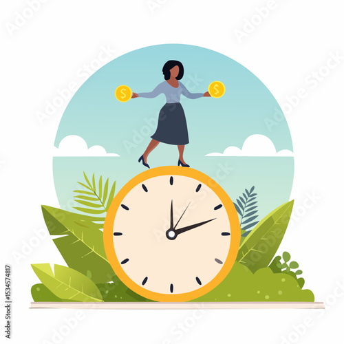 Productive woman, multitasking or time management professional, productivity or entrepreneurship, work efficiency or organize schedule, productive businessman woman balance on clock managing task