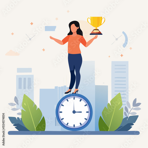 Productive woman, multitasking or time management professional, productivity or entrepreneurship, work efficiency or organize schedule, productive businessman woman balance on clock managing task