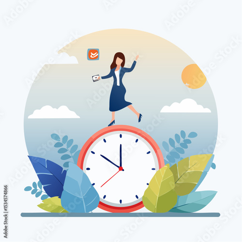 Productive woman, multitasking or time management professional, productivity or entrepreneurship, work efficiency or organize schedule, productive businessman woman balance on clock managing task