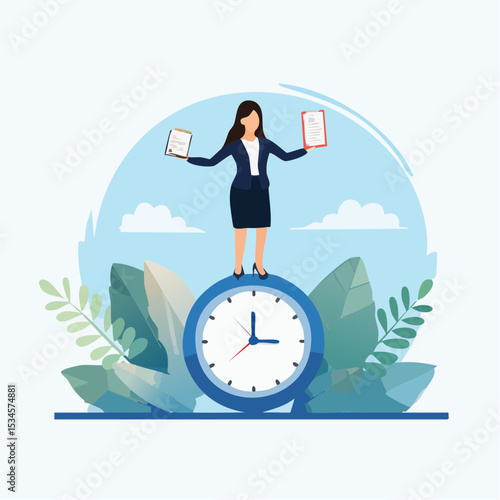 Productive woman, multitasking or time management professional, productivity or entrepreneurship, work efficiency or organize schedule, productive businessman woman balance on clock managing task