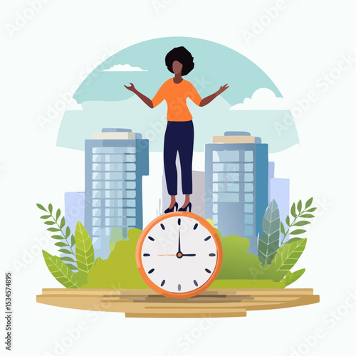 Productive woman, multitasking or time management professional, productivity or entrepreneurship, work efficiency or organize schedule, productive businessman woman balance on clock managing task