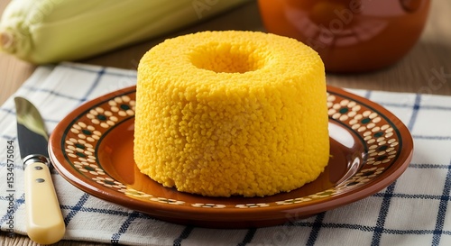 Traditional Northeastern Brazilian Cuscuz Made from Cornmeal, Steamed and Served