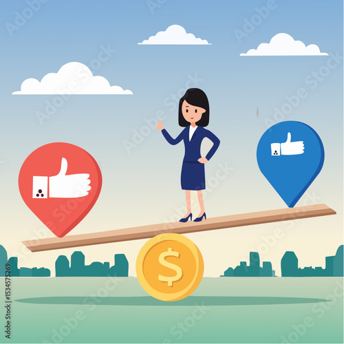 Demerit and merit evaluation, advantage and disadvantage in comparison, performance assessment, manager evaluation, judgment concept, businessman balance on seesaw with thumb up and thumb dow