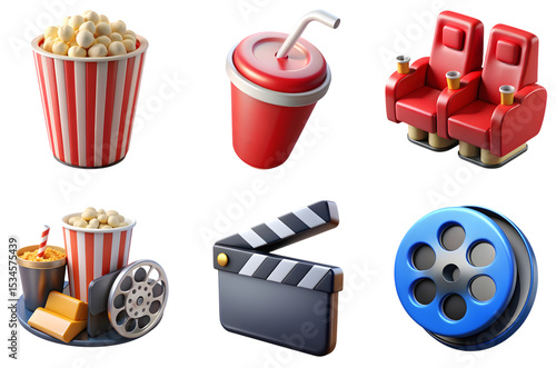 High quality 3D icon illustration showing sets of 3d movie png element set on transparent background designed for stock usage with transparent background and vibrant colors