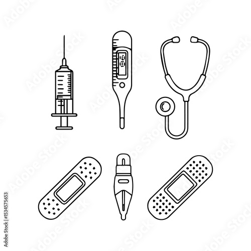 Medical tools are shown a syringe thermometer stethoscope bandaids and otoscope