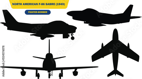 Vector Illustration of North American F-86 Sabre Fighter Jet Front Side and Top Silhouettes