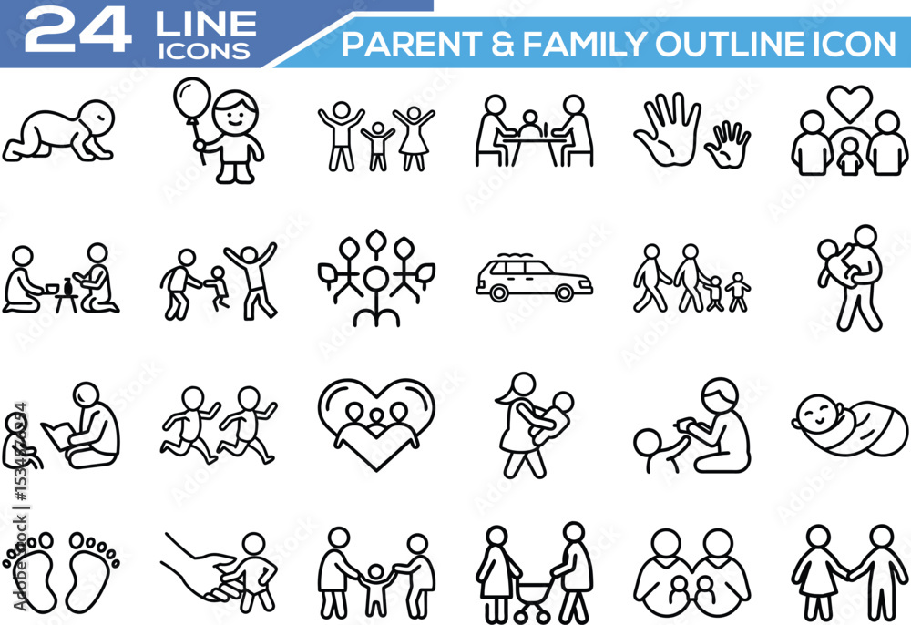 Obraz premium Parent & Family Outline Icon Set – Family Life, Parenting & Relationships Icons