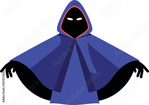 Dark cloaked mysterious figure with glowing eyes and blue hooded cape vector illustration 