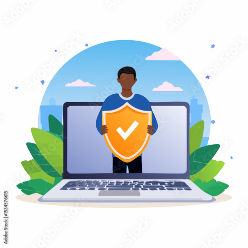 Cyber security protection for safety computer network, safety shield to protect online threat or attack, digital privacy or encryption concept, man hold shield on computer laptop protect cyber attac
