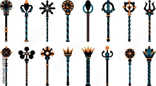 Collection of Magical Staffs and Wands Vector Illustration with Blue and Orange Colors 