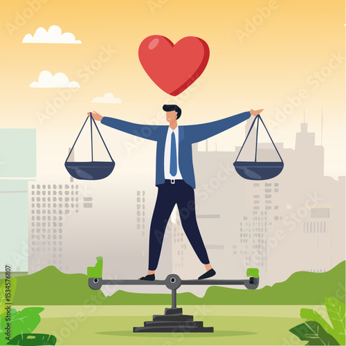 Work life balance, working lifestyle compromise with family or personal health, choice or balance between work stress and relaxation concept, businessman balance himself with heart and briefcas