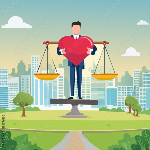 Work life balance, working lifestyle compromise with family or personal health, choice or balance between work stress and relaxation concept, businessman balance himself with heart and briefcas