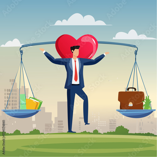 Work life balance, working lifestyle compromise with family or personal health, choice or balance between work stress and relaxation concept, businessman balance himself with heart and briefcas