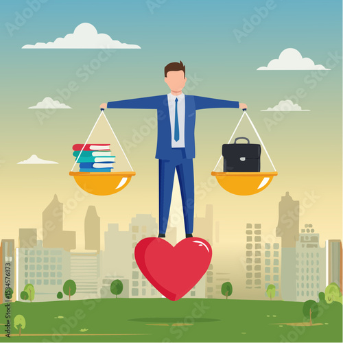 Work life balance, working lifestyle compromise with family or personal health, choice or balance between work stress and relaxation concept, businessman balance himself with heart and briefcas