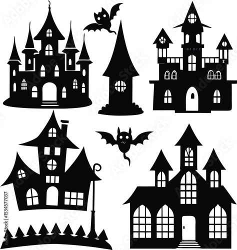 Halloween Creepy Mansion and Scary House Vector Set
