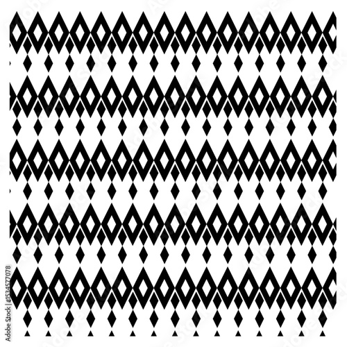 black and white seamless background, repeating pattern, primarily of diamond shapes, interconnected diamonds, diamond shapes appearing to hang or drop, vertical stacking effect, geometric forms,