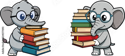 Adorable Elephants and a Stack of Books A Charming Illustration