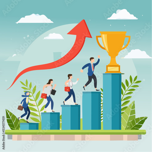 Growth to success, team achievement or teamwork to achieve target, career development or business strategy to win or victory, growing business concept, business people running up graph to troph