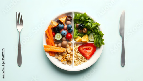 Nutrient-rich food categories organized into balanced meal portions according to USDA guidelines, illustrated by the MyPlate visual model instead of the previous pyramid structure., dramatic. isolat