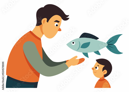 Father and son sharing a caught fish, a bonding moment, for family blogs