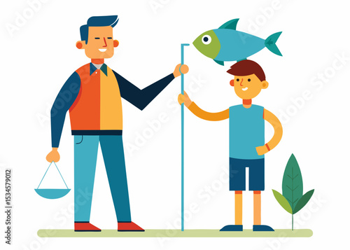 Father and son measuring their catch, a joyful fishing trip, illustration